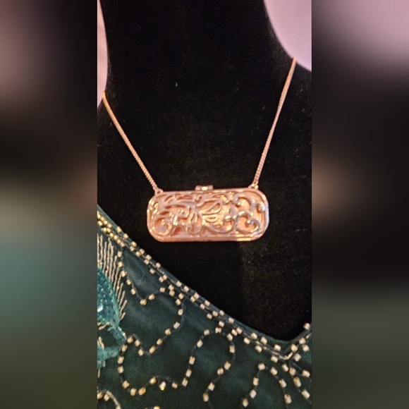 Rose Gold Tone Rectangle Pendant Necklace - Green Marble/Jade Look - Picture 2 of 7